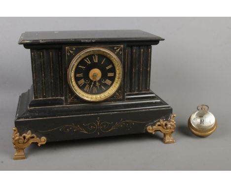 A black slate mantle clock, with gilt highlights and Roman Numeral dial, together with an Elgin Incabloc ball clock.  Chip to