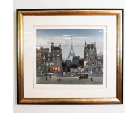 Limited edition color lithograph on paper by French artist Michel Delacroix, depicting a Parisian night scene with the Eiffel