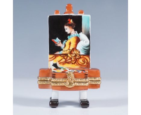 Hand-painted Limoges France porcelain treasure box in the form of a miniature easel, featuring a finely detailed painting of 