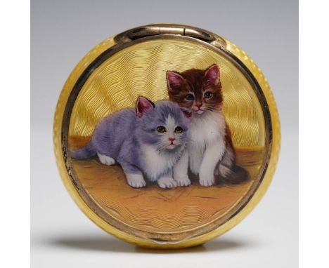 Vintage yellow guilloche enamel compact in .935 sterling silver, featuring a portrait of two kittens on the lid. The piece sh