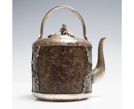 Antique Chinese Export Silver teapot and lid crafted in mixed metals, featuring a cylindrical hammered body with inlaid patin