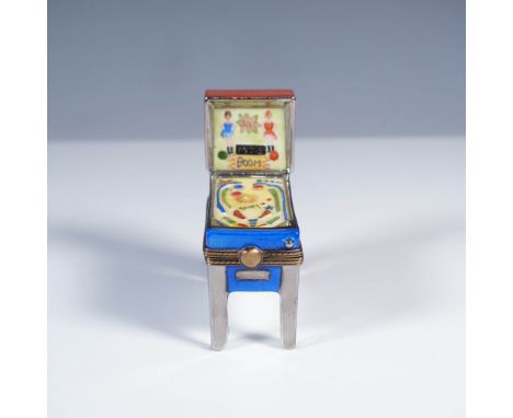 Charming Limoges porcelain treasure box in the shape of a retro pinball machine, hand-painted and crafted by Elda Creations i