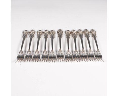 An exquisite set of 11 Wallace Grand Baroque sterling silver cocktail/seafood forks, showcasing the timeless elegance of this