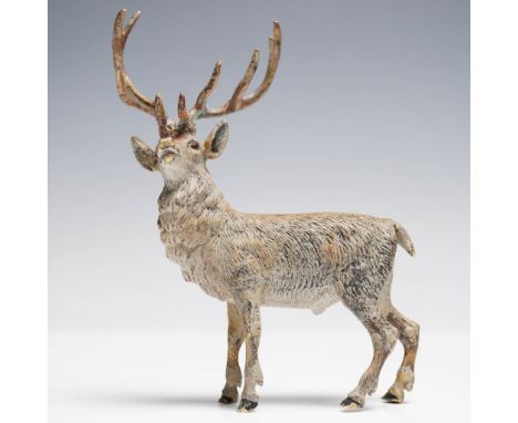 A finely cast and hand-painted cold-painted bronze figure of a standing stag, likely Austrian, early 20th century. The majest