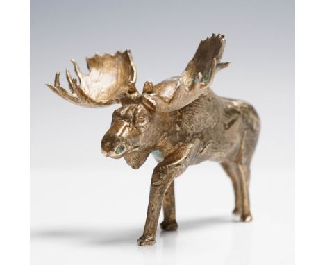Solid bronze sculpture of a moose, rendered in a naturalistic pose with its head lowered and antlers raised in a lifelike man