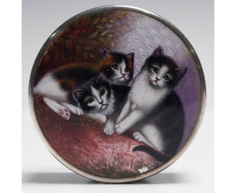 Marked F.B.E GENEVE and .935, this round Swiss silver snuff box features exquisite guilloche enamel in pale lavender tones, w