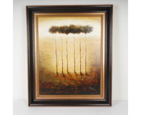 Large contemporary oil on canvas painting depicting an abstracted row of slender trees with a dense shared canopy, silhouette