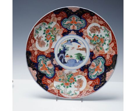Japanese Imari porcelain charger featuring a central scenic roundel depicting birds in flight over a mountainous landscape, f