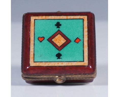 Hand-painted Limoges France porcelain treasure box designed in a square form with a vivid poker motif. The lid features the f