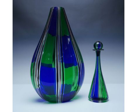 A striking art glass vase and perfume bottle set by Vitrix Studio, featuring a vibrant combination of cobalt blue and emerald