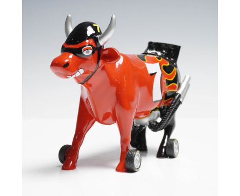 CowParade collectible figurine titled Nascow Stockyard Cow, item #928, designed as a racecar-inspired red cow with wheels, co