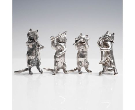 Whimsical set of four imported sterling silver novelty boxes, each finely crafted in the form of a standing cat playing a mus