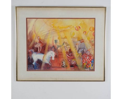 Vibrant and whimsical framed work on paper depicts a lively and colorful circus scene. This captivating piece features an arr