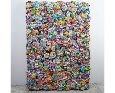 Paul Nagy's recycled polished aluminum cans wall sculpture titled Can-Can is a striking and dynamic assemblage of crushed alu