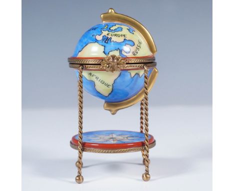 Limoges France hand-painted porcelain treasure box in the form of a world globe on a brass tripod stand, opening to reveal a 