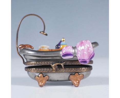Charming Limoges France hand-painted porcelain treasure box in the form of a vintage bathtub, complete with whimsical details