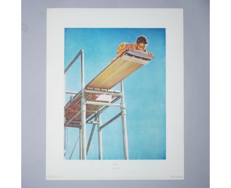High Dive by Norman Rockwell captures a moment of hesitation and courage as a young boy peers nervously over the edge of a to