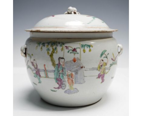 A finely hand-painted Chinese porcelain covered jar in the Famille rose palette. The bulbous form features twin loop handles 