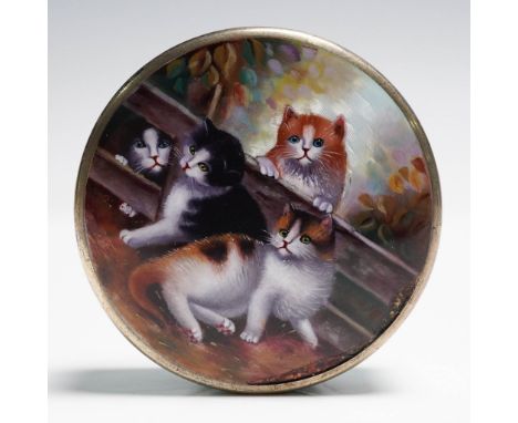 Marked .935, this round silver snuff box features a guilloche enamel exterior in soft blue, adorned with a hand-painted scene