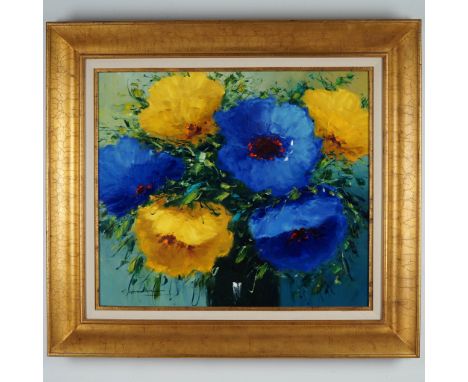 Striking original oil on canvas painting by Christian Nesvadba, depicting a vibrant bouquet of blue and yellow blossoms rende