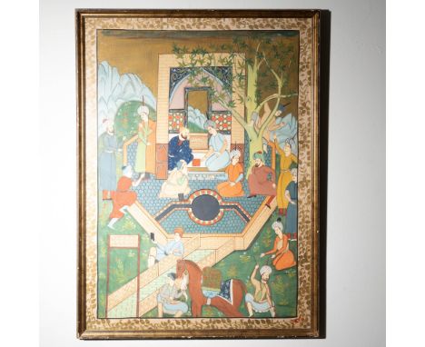 A finely detailed large Persian painting executed on silk, depicting a lively courtly scene with figures engaged in various a