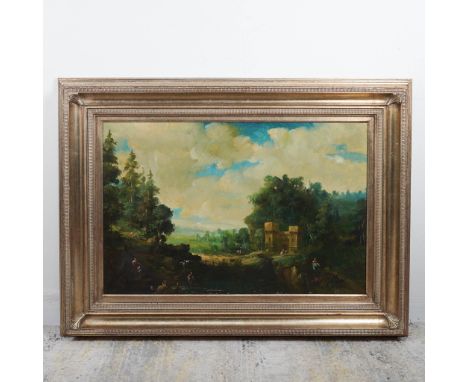 Large oil painting on canvas depicting a picturesque landscape with a fortified castle, figures in period attire, and a lush 