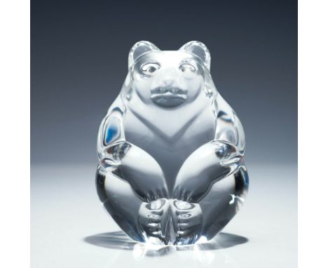A charming Steuben clear crystal bear figurine featuring smooth, rounded modeling and expressive detailing, handcrafted in br
