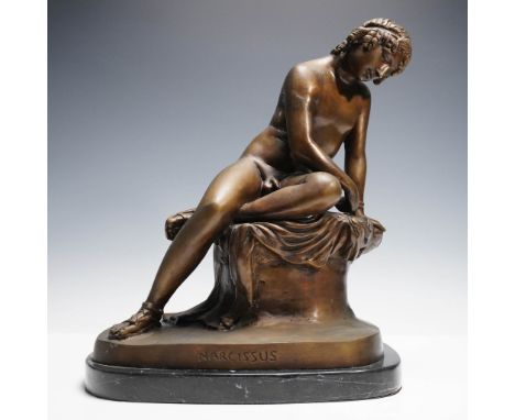 Elegant 19th-century bronze sculpture titled Narcissus, inspired by the classical works of French sculptor Christophe-Gabriel