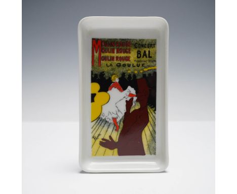 A rectangular porcelain tray made in Limoges, France, featuring a vibrant reproduction of Henri de Toulouse-Lautrec's iconic 