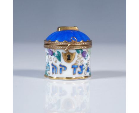 Hand-painted Limoges France porcelain treasure box in the form of a Tzedakah (charity) chest, featuring floral decoration, a 