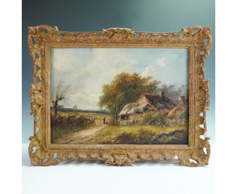 A picturesque oil on canvas landscape painting attributed to J. Thors, depicting a tranquil countryside scene with a winding 
