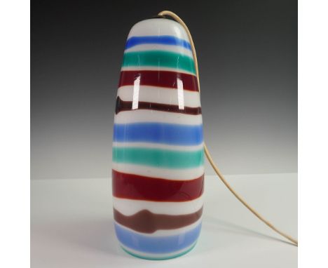 Vintage art glass pendant lamp in the style of Massimo Vignelli, showcasing bold horizontal bands in vivid shades of white, r