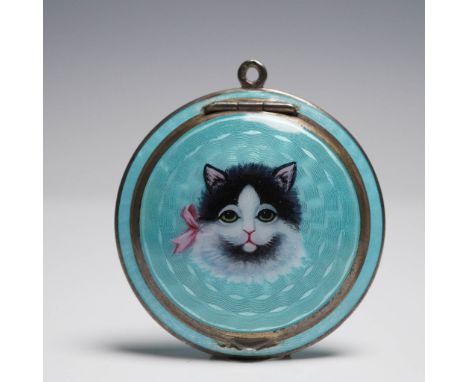 Charming French compact featuring a vibrant turquoise blue guilloche enamel design with a hand-painted cat portrait on the li