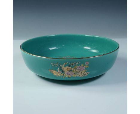 Refined Japanese bowl crafted in porcelain and finished in a rich teal glaze, featuring a detailed gilt  depiction of peacock