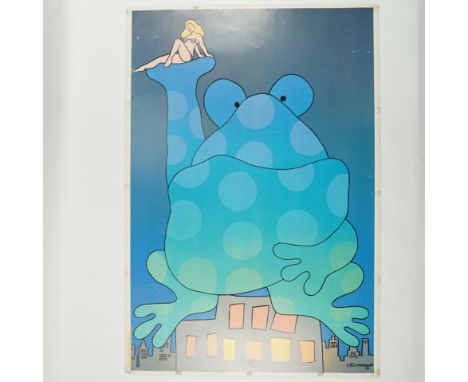 This 1981 vintage pop-art poster by Stewart Moskowitz (1941-2017) features a whimsical and surreal depiction of a giant polka