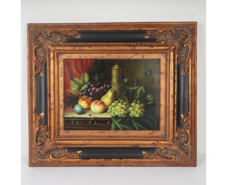 Oil on canvas still life painting signed by the artist Nargas, depicting a classical arrangement of fruit and objects in a ri