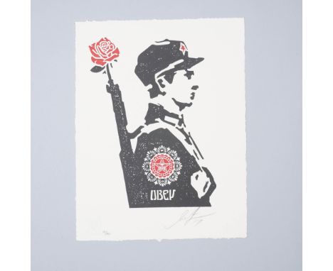 Limited edition letterpress screenprint by Shepard Fairey, numbered 172/450, hand-signed and dated  in pencil and with artist
