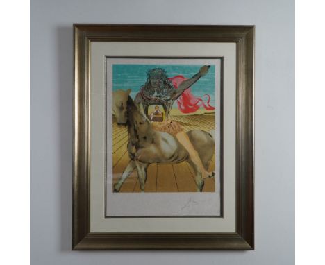 This striking color lithograph on Japon nacre paper by Salvador Dali, titled Chevalier Surrealist Hommage a Velazquez, is an 