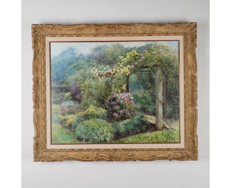 Original oil on canvas by American artist Kaethe Hoeltzell depicting a lush, impressionist-style garden with vibrant flowerin
