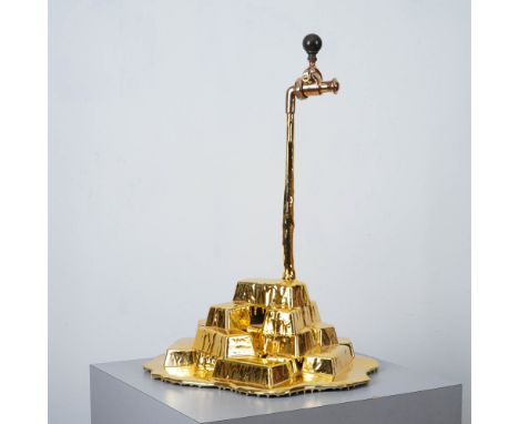 Paul Nagy's Liquid Gold is a striking mold casting sculpture made with gold chrome paint that explores themes of wealth, exce