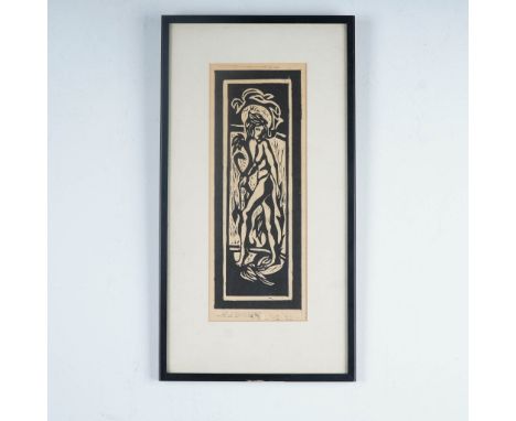 Modernist woodcut on natural paper, depicting a stylized nude figure framed in an abstract setting. The print is signed and d