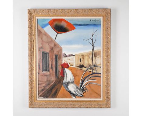 Original oil painting by Alvaro Guillot, titled Le Jour Se Leve (The Day Rises), dated 1970. This striking surrealist composi