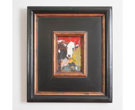 Expressive oil on board painting by contemporary artist Ray Simonini, depicting a stylized cow portrait rendered with thick i