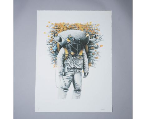 Birdcage by Ruben Carrasco is a limited edition 23 Color Screen Print on 330 gsm Somerset Paper with 24ct Gold Leaf Hand Pain