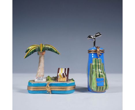 Charming pair of hand-painted Limoges France porcelain treasure boxes. One features a tropical Palm Beach, Florida beach scen