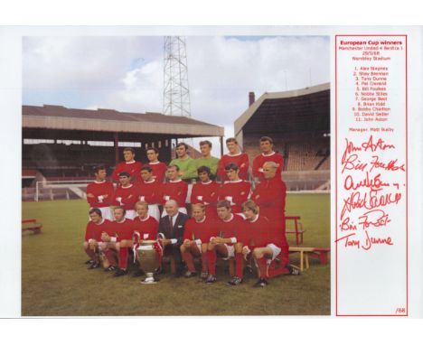 Manchester United 1968 European Cup Winners 16x12 colour print signatures include John Aston, Bill Foulkes, Alex Stepney, Dav