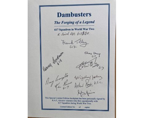 WW2 617 Sqn veterans signed Dambusters book page. Signed by G Johnny Johnson, Ray Graystone, Benny Goodman, Chas Avery, Arthu