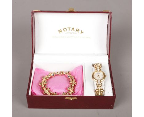 A boxed Rotary 'Monaco' ladies quartz wristwatch, with matching bracelet. Both examples set with polished coloured stones to 