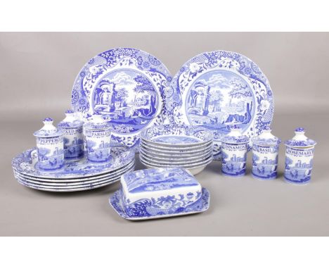 A collection of Spode Italian dinner wares. Plates, dishes, butter dish, herb jars.  