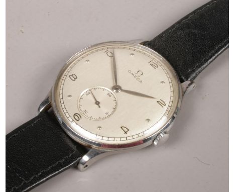 A gents stainless steel Omega manual wristwatch on leather strap. Silvered dial and subsidiary seconds.Watch diameter 3.7cm i